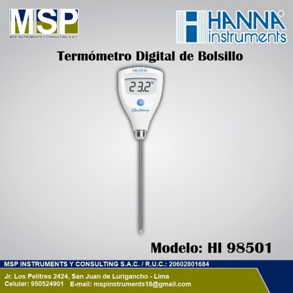 Termometro Digital de Bolsillo Hanna Checktemp HI 98501 Termómetro digital de bolsillo Checktemp Hanna Instruments con sonda de penetración modelo HI 98501