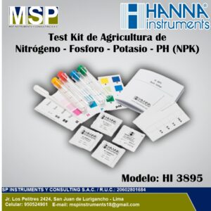 Test kit químico de agricultura para medición de nitrógeno, fósforo, potasio y pH NPK marca Hanna Instruments modelo HI 3895 con reactivos y sobres.