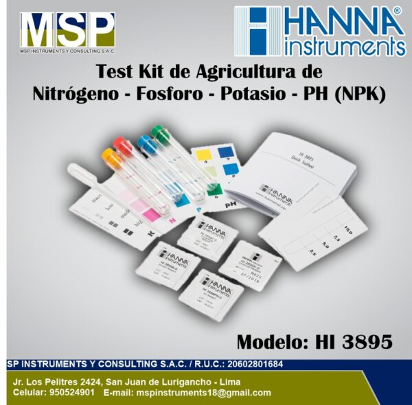 Test Kit de Agricultura NPK Hanna Instruments HI 3895 Test kit químico de agricultura para medición de nitrógeno, fósforo, potasio y pH NPK marca Hanna Instruments modelo HI 3895 con reactivos y sobres.