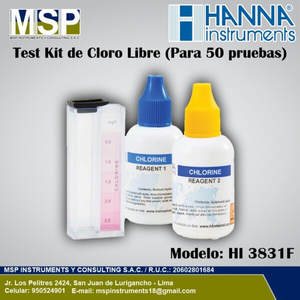 Test kit de cloro libre Hanna Instruments HI 3831F para 50 pruebas