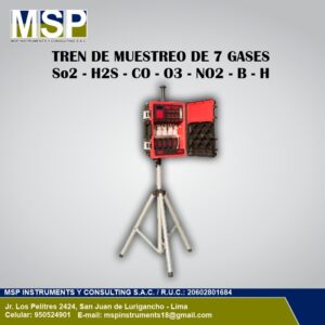 Tren de muestreo de 7 gases con batería interna montado sobre un trípode.