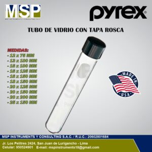 Tubo de ensayo de vidrio con tapa rosca marca PYREX.