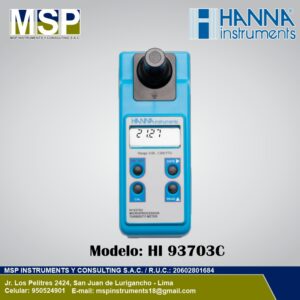 Turbidímetro portátil digital Hanna Instruments modelo HI 93703C con pantalla de lectura.