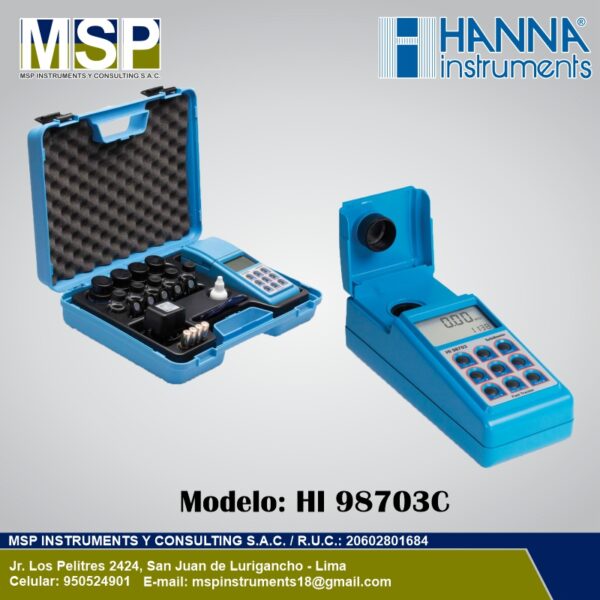 Turbidimetro Portatil Hanna HI 98703C Turbidímetro portátil Hanna Instruments HI 98703C en su maletín de transporte azul con celdas y soluciones de calibración.