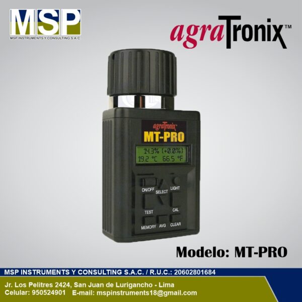 Medidor de humedad de granos AgraTronix MT-PRO portátil con pantalla digital retroiluminada.
