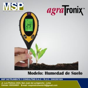 Medidor de humedad de suelo AgraTronix digital de aguja insertado en la tierra junto a una planta.