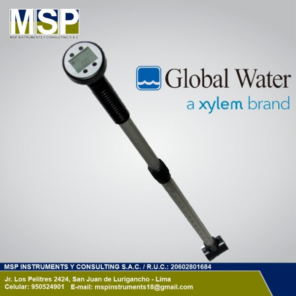 Correntómetro digital Global Water FP111 para medición de caudal en canales abiertos.