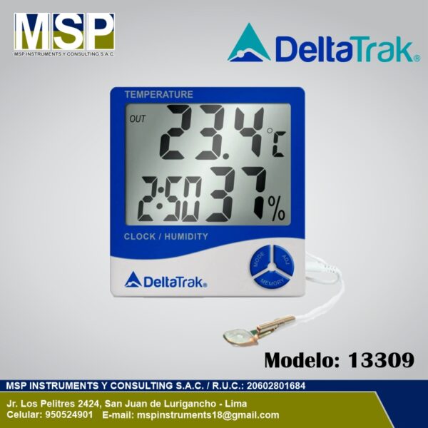 Termohigrómetro digital DeltaTrak modelo 13309 con pantalla de temperatura y humedad.