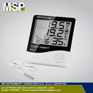 Termohigrómetro digital HTC-2 con sonda externa para medición de temperatura y humedad.