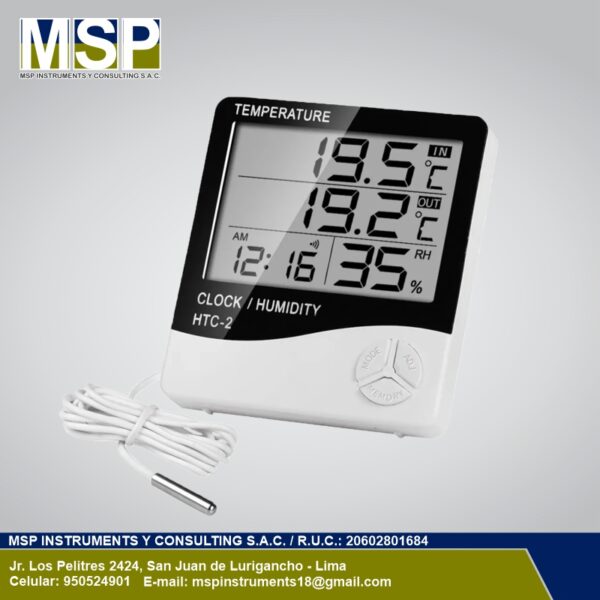 Termohigrómetro digital HTC-2 con sonda externa para medición de temperatura y humedad.