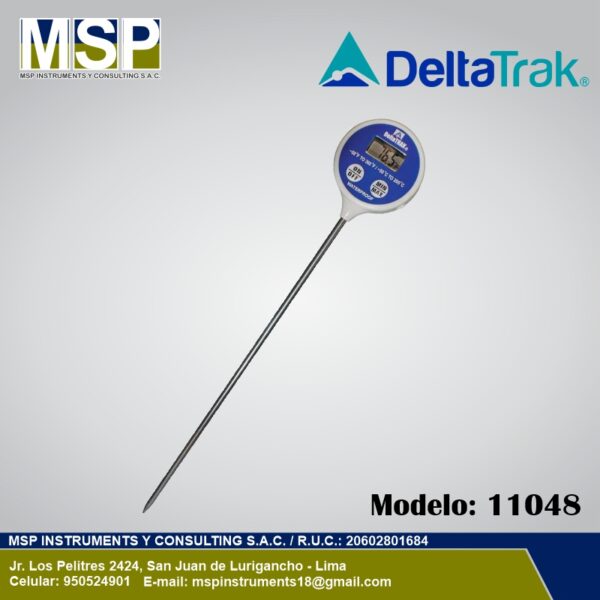 Termómetro digital de pincho DeltaTrak modelo 11048 con sonda de inserción larga.