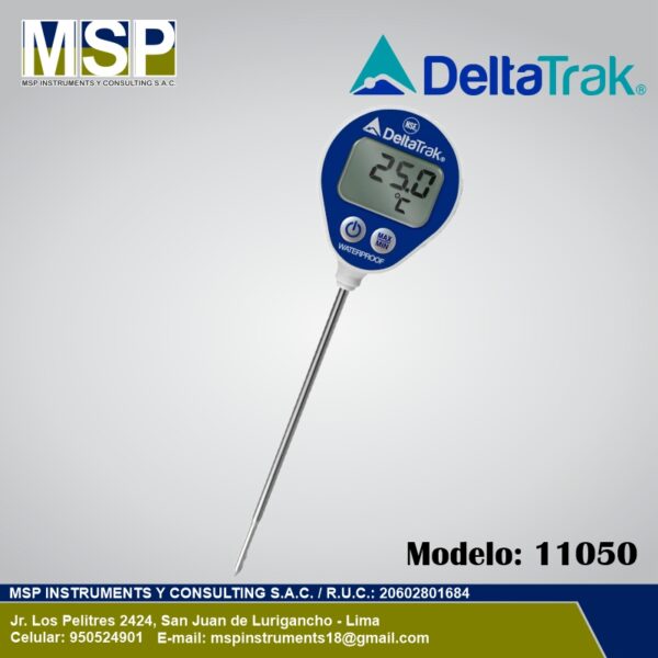 Termómetro digital de pincho DeltaTrak modelo 11050 con pantalla digital y sonda de inserción.