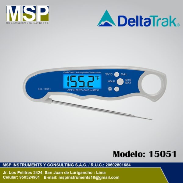 Termómetro Digital DeltaTrak 15051 Termómetro digital plegable DeltaTrak modelo 15051 con sonda abatible de acero inoxidable.