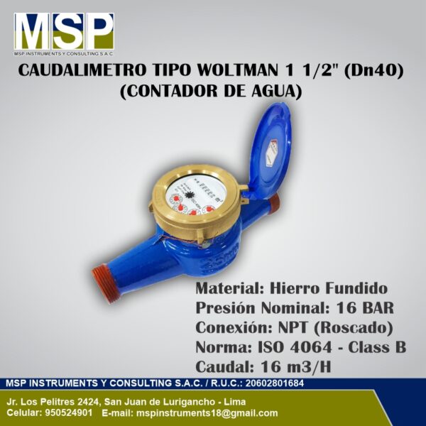 Caudalímetro Tipo Woltman 1 1/2 Pulgada DN40 - 16 BAR - 16 m3/H Caudalímetro tipo Woltman de 1 1/2 pulgadas DN40 en hierro fundido roscado NPT.