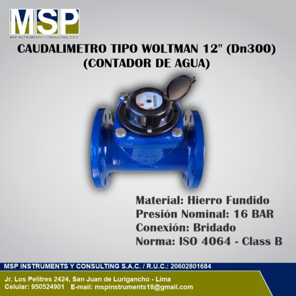 Caudalímetro Tipo Woltman 12 Pulgadas DN300 - 16 BAR - Bridado Caudalímetro tipo Woltman de 12 pulgadas DN300 en hierro fundido para control de agua.