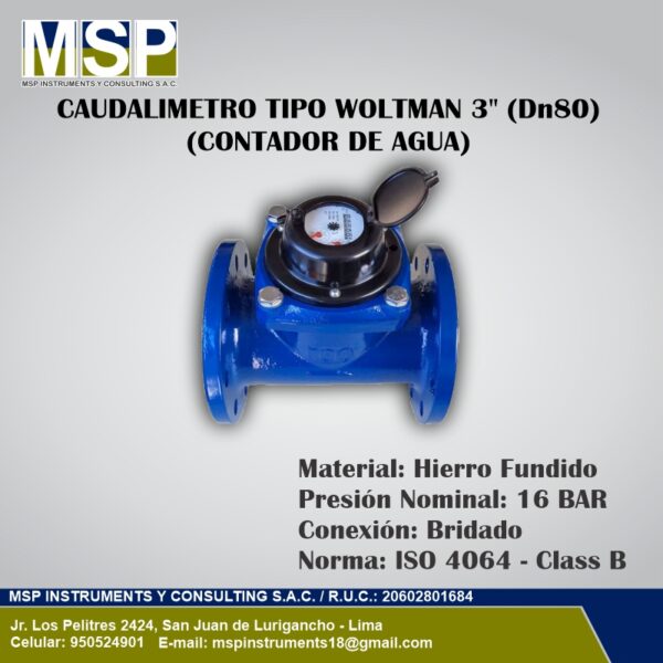 Caudalímetro tipo Woltman de 3 pulgadas DN80 en hierro fundido para control de agua.
