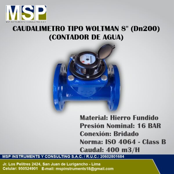 Caudalímetro tipo Woltman de 8 pulgadas DN200 en hierro fundido para control de agua.
