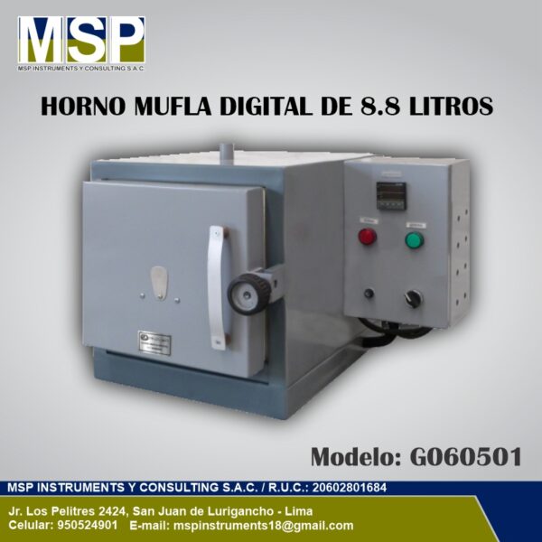 Horno mufla digital gris de 8.8 litros marca Pinzuar para laboratorio.