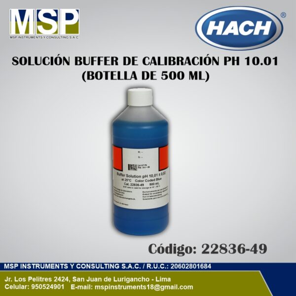 Solución Buffer de Calibración pH 10.01 Hach 500 ml Botella de 500 ml de solución buffer de calibración de pH 10.01 marca Hach en color azul.