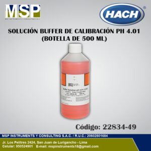 Botella de 500 ml de solución buffer de calibración de pH 4.01 marca Hach en color rojo