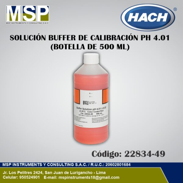 Solución Buffer de Calibración pH 4.01 Hach 500 ml Botella de 500 ml de solución buffer de calibración de pH 4.01 marca Hach en color rojo