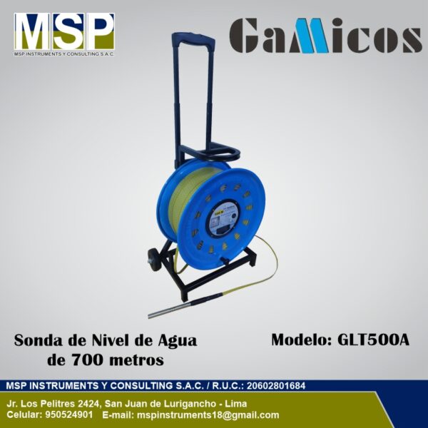 Sonda de Nivel de Agua 700m - Gamicos GLT500A Sonda de nivel de agua Gamicos GLT500A de 700 metros en carrete azul con ruedas.