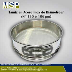 Tamiz de acero inoxidable de diámetro 8 pulgadas malla número 140 o 106 micras MSP Instruments