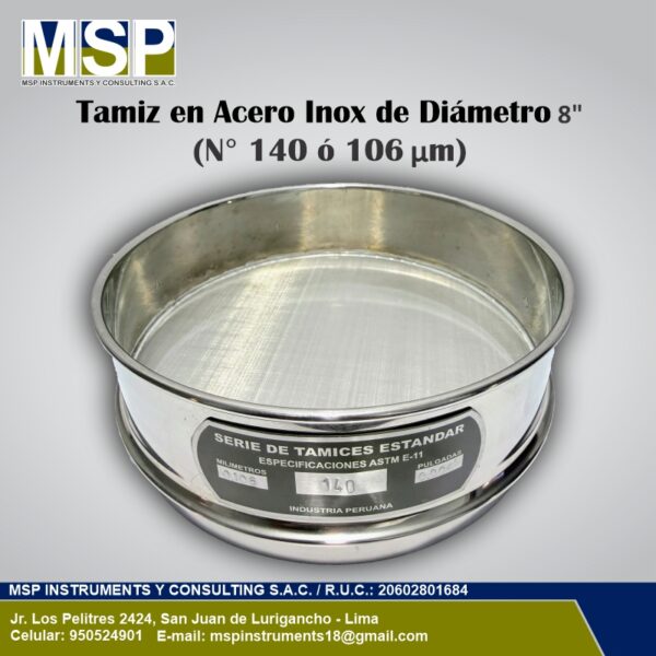 Tamiz de acero inoxidable de diámetro 8 pulgadas malla número 140 o 106 micras MSP Instruments