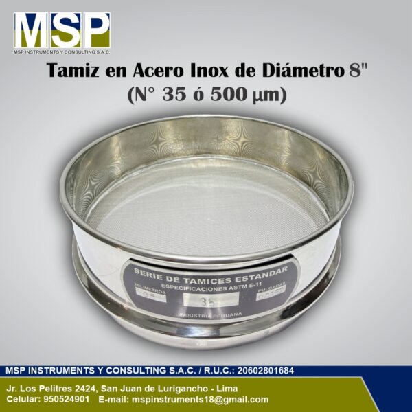 Tamiz de acero inoxidable de diámetro 8 pulgadas malla número 35 o 500 micras MSP Instruments