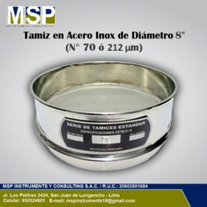 Tamiz de acero inoxidable de diámetro 8 pulgadas malla número 70 o 212 micras MSP Instruments