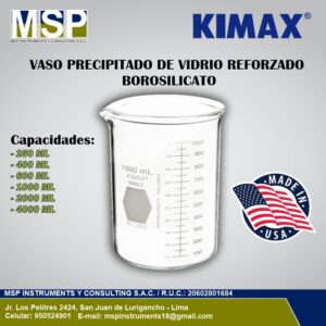 Vaso de precipitado de vidrio de borosilicato reforzado graduado marca Kimax.