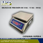 Balanza de precisión de acero inoxidable modelo SUPER-6 de 6 kg, 15 kg y 30 kg.