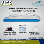 Bomba sumergible Mega-Monsoon de 12V con controlador y manguera Proactive.