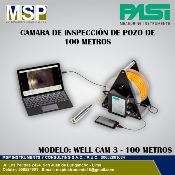 Cámara de inspección de pozos de 100 metros modelo Well Cam 3 PASI con software en laptop y carrete de cable.