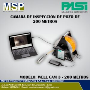 Cámara de inspección de pozos de 200 metros modelo Well Cam 3 PASI con software en laptop y carrete de cable.