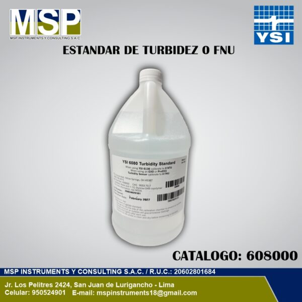 Estándar de turbidez 0 FNU marca YSI catálogo 608000 para calibración de equipos.