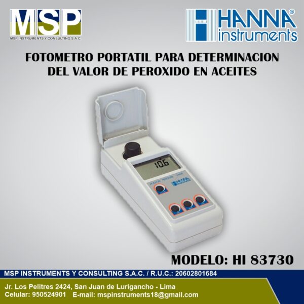 Fotómetro Portátil Hanna HI 83730 para Peróxido en Aceites Fotometro portatil Hanna HI 83730 medidor de peroxido en aceites