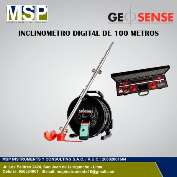Inclinómetro digital de 100 metros Geosense con sonda, cable y maleta de transporte.