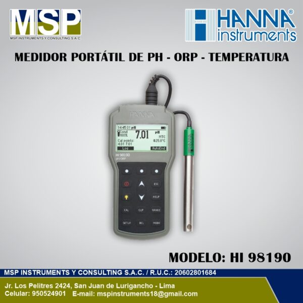 Medidor Portátil de pH ORP Temperatura Hanna HI 98190 Medidor portatil de pH ORP temperatura Hanna HI 98190 peachimetro profesional