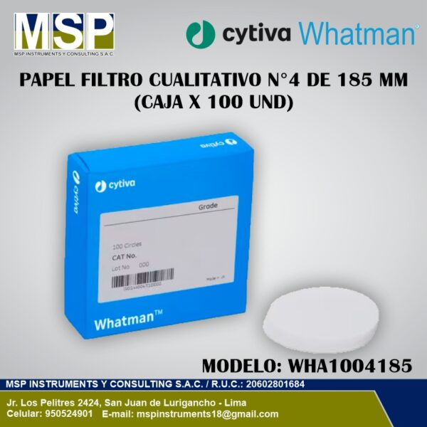 Papel filtro cualitativo Cytiva Whatman número 4 de 185 mm, caja de 100 unidades, modelo WHA1004185.