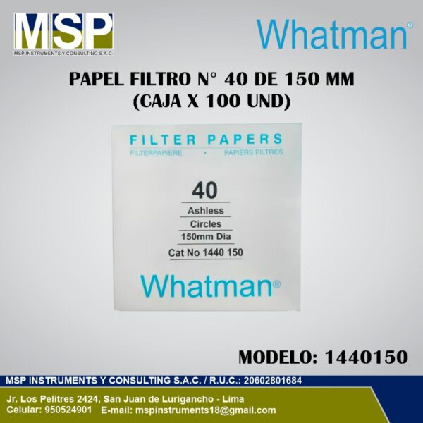 Papel filtro Whatman número 40 de 150 mm, caja de 100 unidades, modelo 1440150.