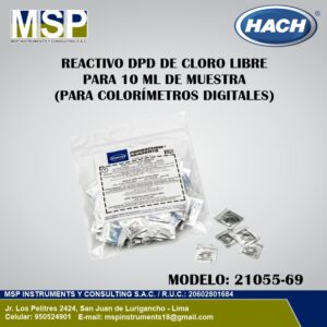 Paquete de 100 sobres de reactivo DPD de cloro libre Hach modelo 21055-69 para muestras de 10 ml.
