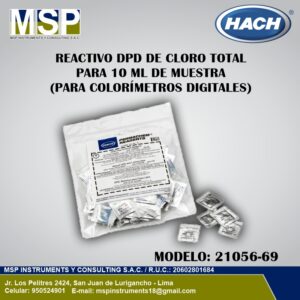 Paquete de 100 sobres de reactivo DPD de cloro total Hach modelo 21056-69 para muestras de 10 ml.