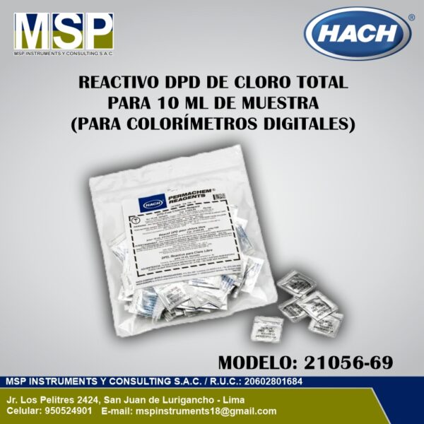 Paquete de 100 sobres de reactivo DPD de cloro total Hach modelo 21056-69 para muestras de 10 ml.
