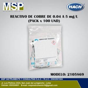 Reactivo de cobre Hach en polvo de 0.04 a 5 mg/L, paquete de 100 unidades, modelo 2105869.