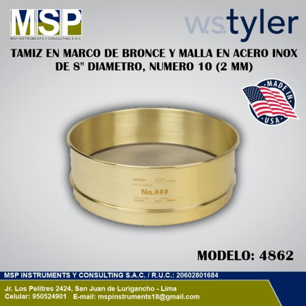 Tamiz de laboratorio con marco de bronce y malla de acero inoxidable WStyler modelo 4862