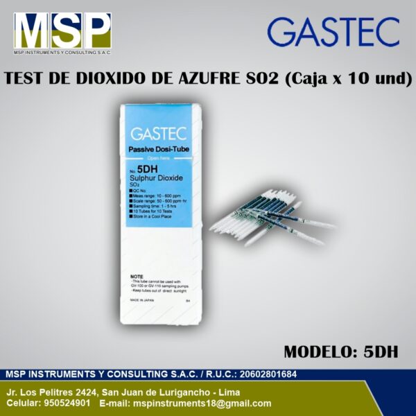 Test de dióxido de azufre SO2 Gastec, caja de 10 unidades, modelo 5DH.
