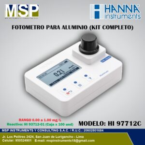 Fotómetro portátil para la medición de aluminio modelo HI 97712C de HANNA Instruments con kit completo para control y análisis de calidad del agua.