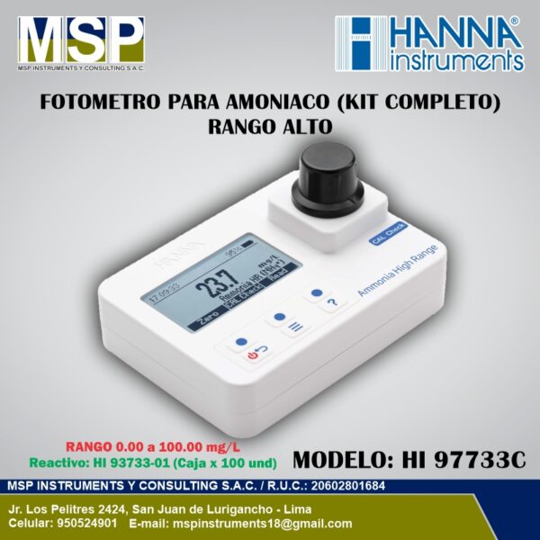 Fotómetro portátil para amoniaco de rango alto modelo HI 97733C de HANNA Instruments con kit completo para análisis de agua.