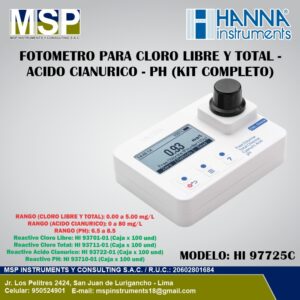Fotómetro multiparámetro portátil para cloro libre y total, ácido cianúrico y pH modelo HI 97725C de HANNA Instruments con kit completo.